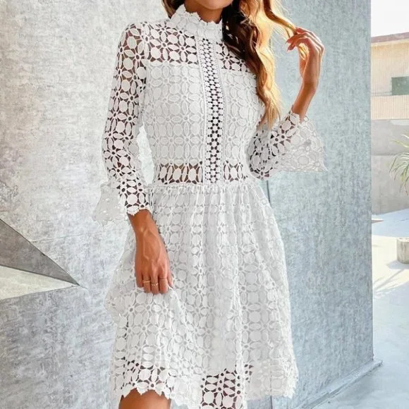 White mock neck Mesh Insert Flounce Sleeve Lace Dress - Picture 4 of 7